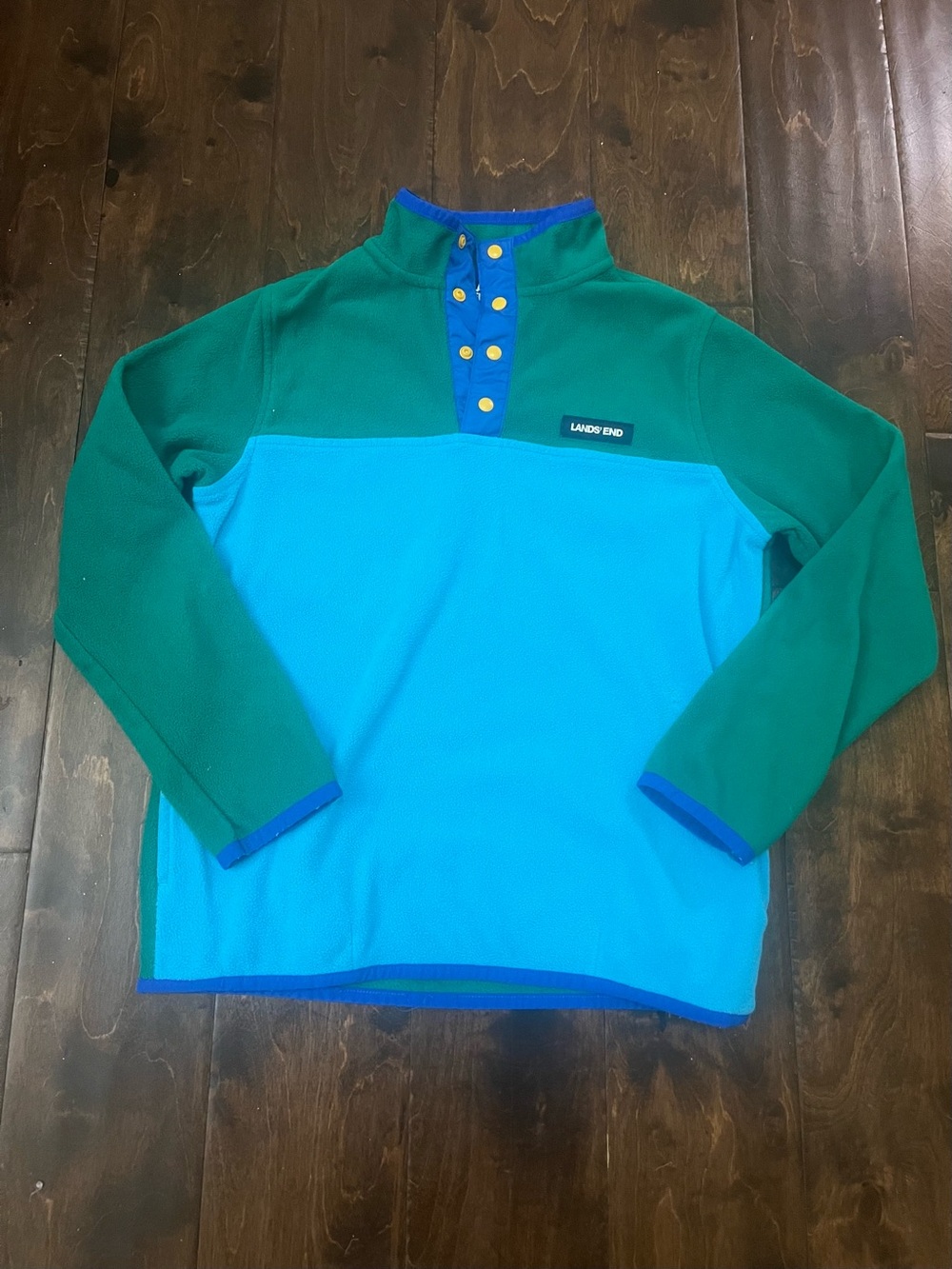 Lands' End Green and Blue Colorblock Zip-Snap Fleece Pullover
